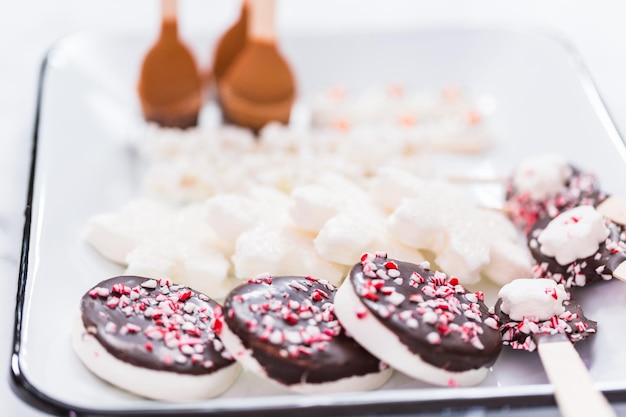 Vista de perto. variedade de coberturas de marshmallow com hortelã e chocolate para bebidas de chocolate quente e cacau.