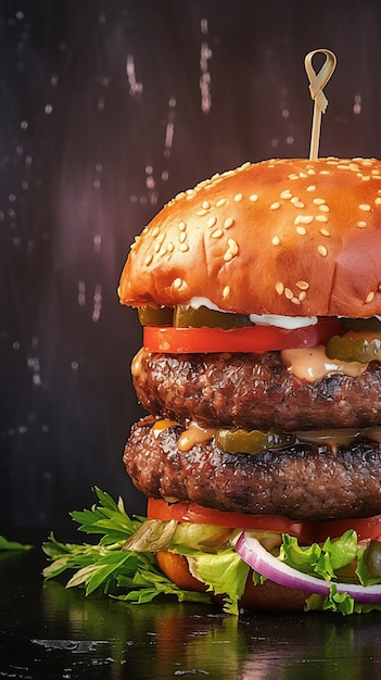 vista de perto vista de hambúrguer feito à mão com água na boca em fundo escuro papel de parede móvel vertical