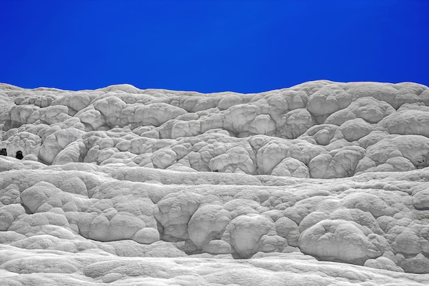 Vista de piscinas naturais de travertino e terraços em pamukkale em um dia de verão textura de uma parede branca c