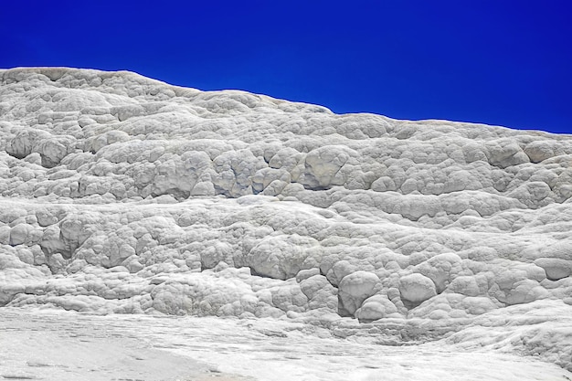 Vista de piscinas naturais de travertino e terraços em pamukkale em uma textura de dia de verão de uma parede branca