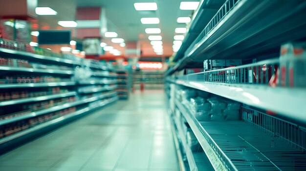 Foto vista de prateleiras vazias de supermercados paragem de trabalho de mercearia fecha sanções e e ia generativa