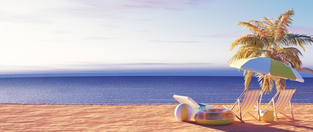 Vista de renderização 3D da praia no conceito de férias de verão