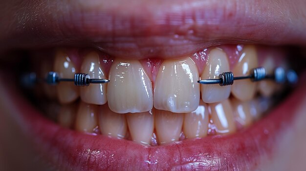 Foto vista de retrato de uma jovem mulher com um sorriso natural com lábios cor-de-rosa voluptuosos apoiados em sua mão sorrindo com dentes brancos detalhe de beleza clássico em ambientes fechados