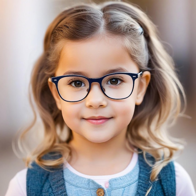 Vista de retrato de uma menina bonita com óculos olhando para a câmera