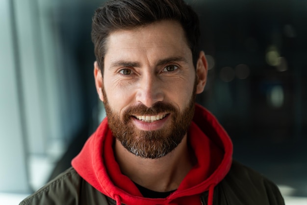 Vista de retrato do homem com barba caucasiano olhando para a câmera em pé no aeroporto. Ele se sentindo bem antes de sua viagem