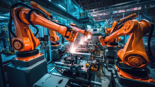 Vista de robôs industriais em uma fábrica de montagem de automóveis