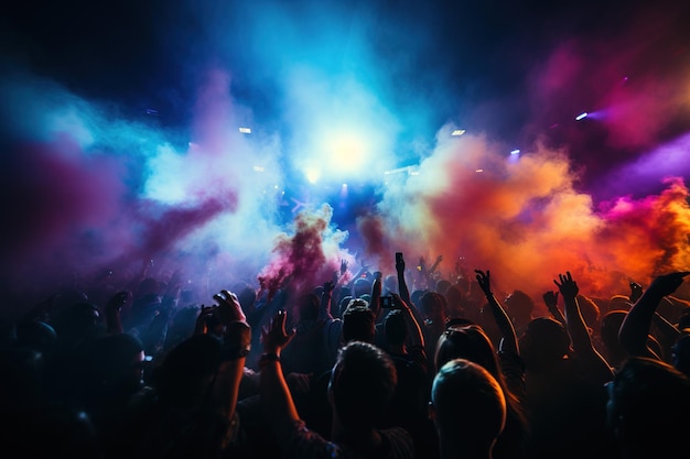 Vista de trás da multidão de pessoas felizes em um concerto levantando as mãos sob o palco com luzes e fumaça colorida