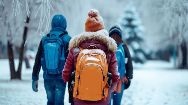 Vista de trás de adolescentes com mochila caminhando para a escola no inverno