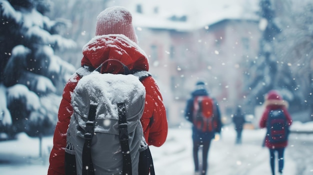 Vista de trás de adolescentes com mochila caminhando para a escola no inverno