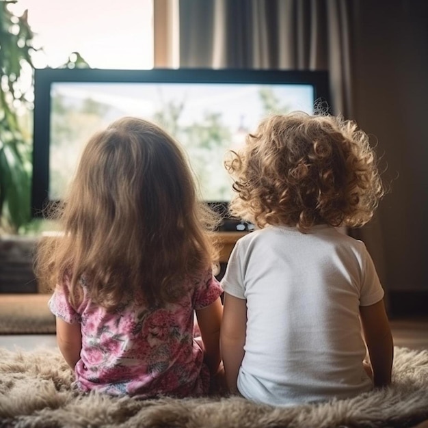 Foto vista de trás de dois irmãos contemporâneos sentados na frente do aparelho de televisão e jogando videogame na sala de estar r