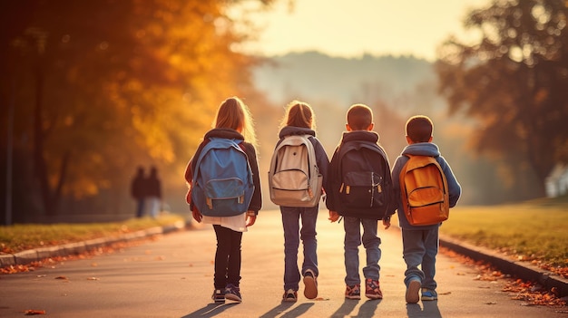 Vista de trás de estudantes carregando sacos escolares caminhando na estrada