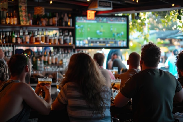 Vista de trás de fãs de rugby assistindo ao jogo no bar