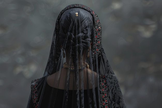 vista de trás de mulher árabe em sari preto
