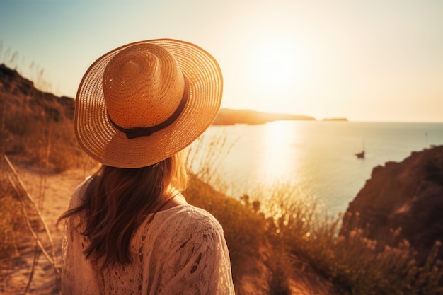 Vista de trás de mulher em férias no mar garota turista com chapéu em um resort à beira-mar viagem generativa ai