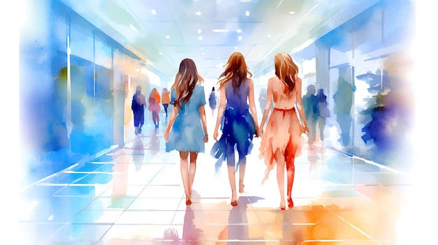 vista de trás de mulheres se divertindo no shopping em estilo aquarela