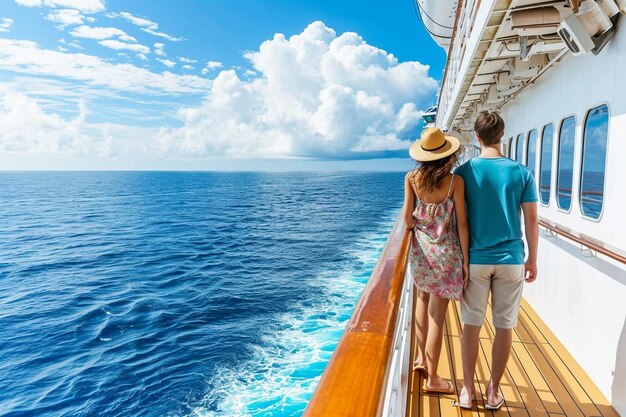 Foto vista de trás de um casal no convés de um navio de cruzeiro