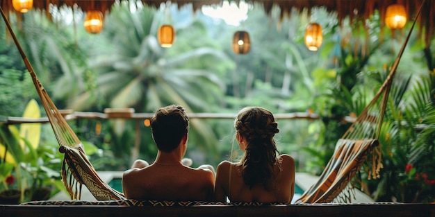Vista de trás de um casal sentado juntos em um resort de Bali cercado por exuberante vegetação tropical desfrutando de um momento de serenidade pacífica