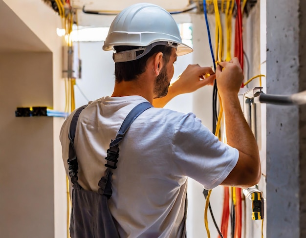 Foto vista de trás de um eletricista masculino trabalhando na fiação em um canteiro de obras garantindo a instalação segura...