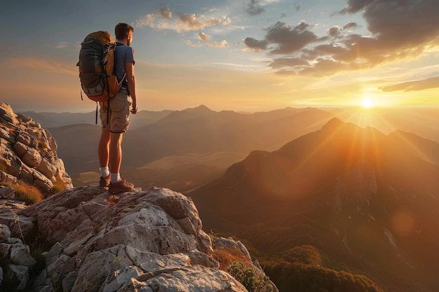 vista de trás de um homem com mochila no topo da montanha com bela vista do pôr do sol