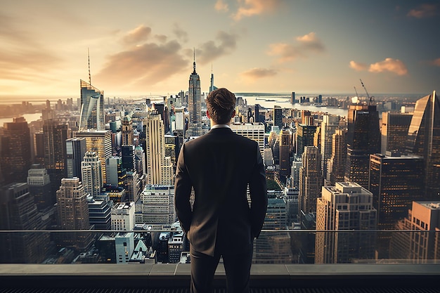 Vista de trás de um homem de negócios vestindo um terno olhando para a paisagem da cidade do telhado ao pôr do sol