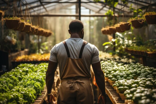 Foto vista de trás de um homem feliz um jardineiro está cultivando alface em uma estufa