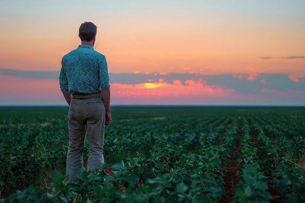 Vista de trás de um homem no campo agrícola ao pôr-do-sol