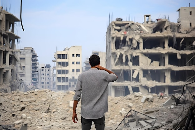 Vista de trás de um homem triste em uma cidade destruída durante um conflito de guerra