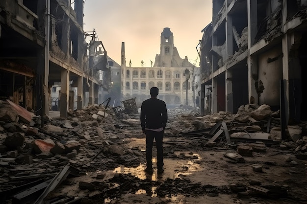 Vista de trás de um homem triste em uma cidade destruída durante um conflito de guerra