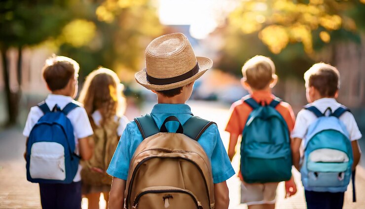 Foto vista de trás de um menino com chapéu e amigos usando uma mochila indo para a escola