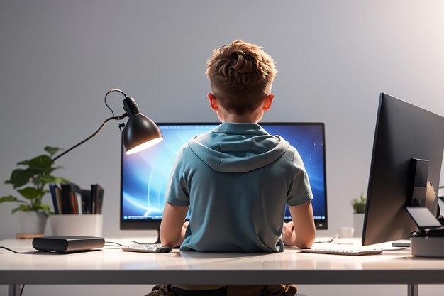 Vista de trás de um menino com computador na mesa em fundo branco