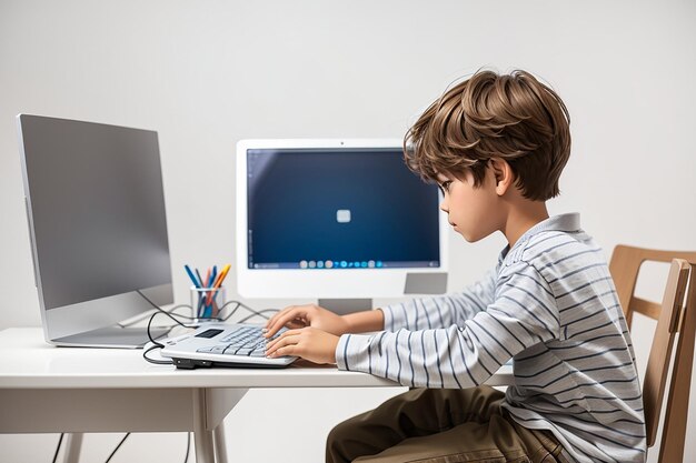 Vista de trás de um menino com computador na mesa em fundo branco