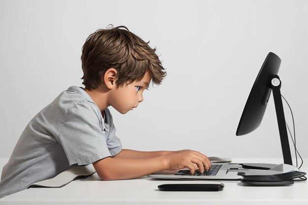 Vista de trás de um menino com computador na mesa em fundo branco