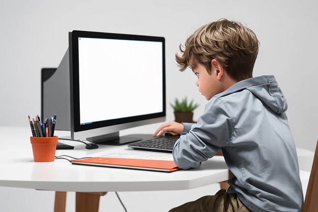 Vista de trás de um menino com computador na mesa em fundo branco