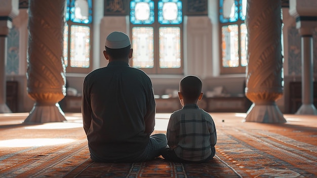 Vista de trás de um pai e filho muçulmanos rezando na mesquita conceito islâmico rezando o Ramadã