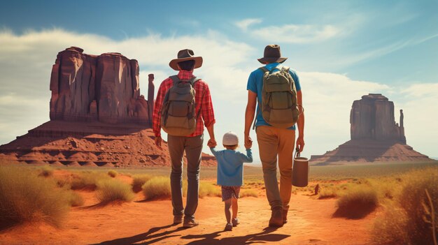 Foto vista de trás de uma família feliz caminhando no vale dos monumentos