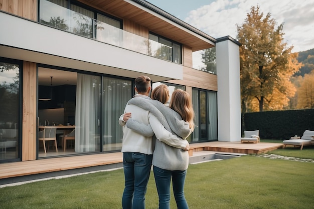 Foto vista de trás de uma família feliz de pé perto de sua casa moderna e abraçando-se