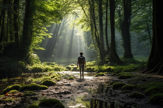 Vista de trás de uma jovem de pé no caminho na floresta entre as florestas