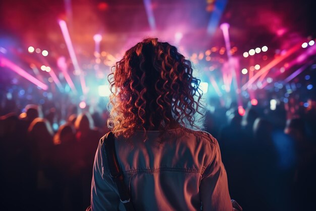 vista de trás de uma jovem encantadora de jaqueta de jeans entre pessoas dançando em uma boate sob luzes de néon