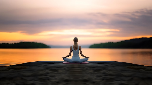 Vista de trás de uma jovem fazendo ioga à beira do rio durante o pôr do sol