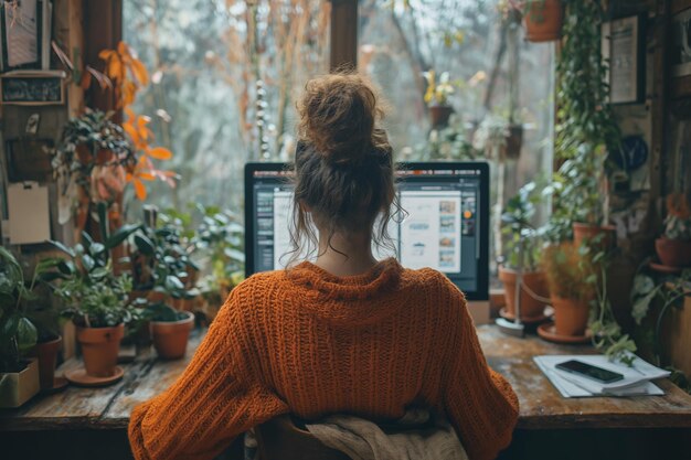 Vista de trás de uma jovem freelancer caucasiana trabalhando com computador em casa