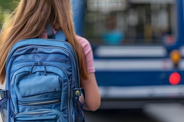 Vista de trás de uma menina com mochila indo para o ônibus escolar de volta ao conceito da escola