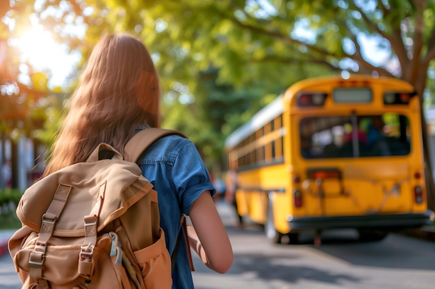 Vista de trás de uma menina com mochila indo para o ônibus escolar de volta ao conceito da escola