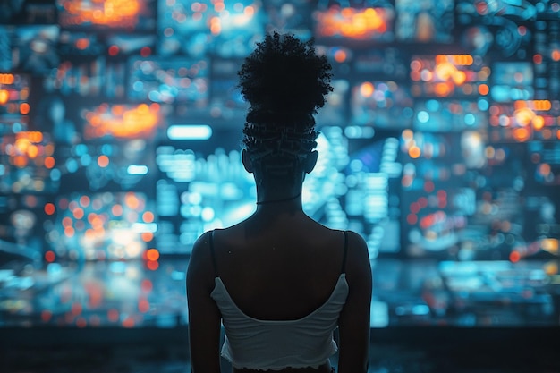 Vista de trás de uma mulher afro-americana desfrutando do ciberespaço 3D com interfaces de mídia social animadas