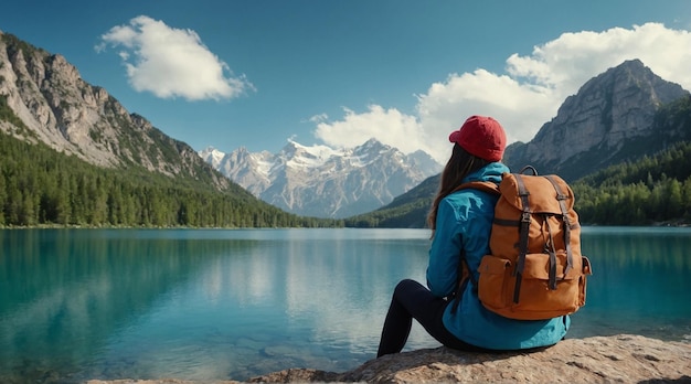 Vista de trás de uma mulher de pé sozinha perto de um rio e grandes montanhas