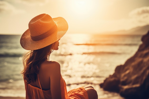 Foto vista de trás de uma mulher em férias no mar garota turista com chapéu em uma estância balnear viagem ia generativa