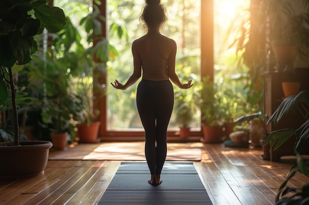 Vista de trás de uma mulher em uma postura de ioga meditativa desfrutando da tranquilidade de uma sala cheia de sol ao amanhecer