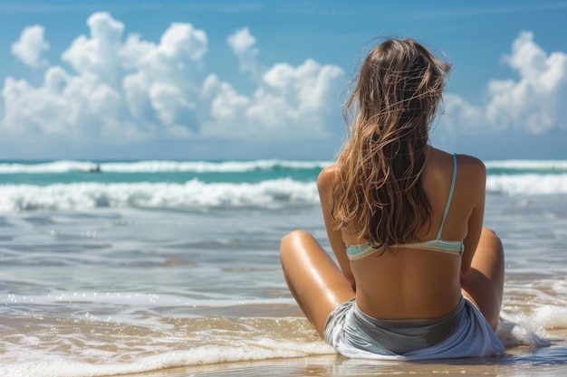 Vista de trás de uma mulher relaxando na praia IA generativa