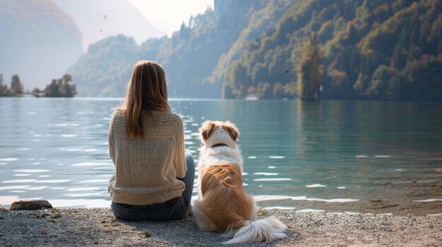 Vista de trás de uma turista feminina irreconhecível sentada no chão olhando para o lago com um cachorro calmo e bonito