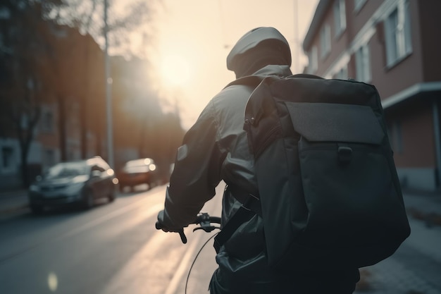 Foto vista de trás do jovem entregador com mochila térmica andando de bicicleta à noite na rua