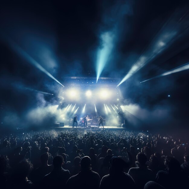 Foto vista de trás do públicoconcerto de música à noite no palco no estilo de luz azul do céu